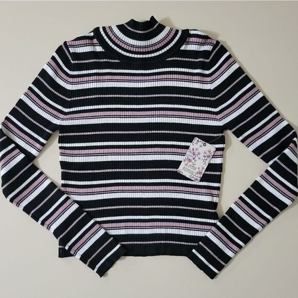 Pink Republic Ribbed Black Striped Crop Long Sleeve Sweater - Picture 1 of 11